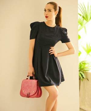 Puff Sleeve Slim Dress Blue